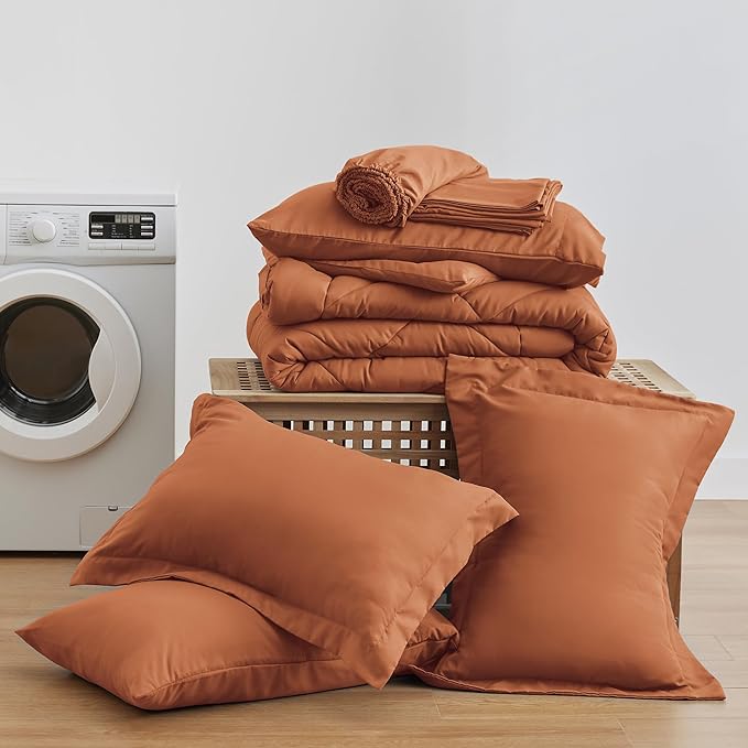 Love's cabin Queen Comforter Set Terracotta, 7 Pieces Queen Bed in a Bag, All Season Bedding Sets with 1 Comforter, 1 Flat Sheet, 1 Fitted Sheet, 2 Pillowcase and 2 Pillow Sham | Soft, Breathable, Lightweight, Comfortable