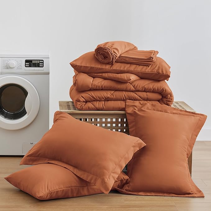 Love's cabin California King Comforter Set Terracotta, 7 Pieces California King Bed in a Bag, All Season Bedding Sets with 1 Comforter, 1 Flat Sheet, 1 Fitted Sheet, 2 Pillowcase and 2 Pillow Sham | Soft, Breathable, Lightweight, Comfortable