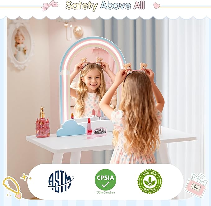 TOLEAD Blue Kids Vanity Table and Chair Set, Adjustable Height Kids Vanity with LED Lights, Princess Girls Vanity Set with Stool, Toddler Make Up Vanity Desk with Storage Space for Little Girls