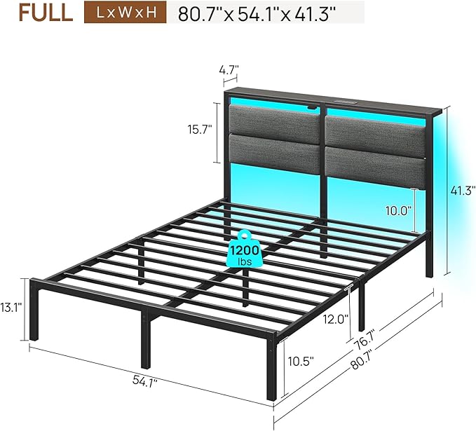 Rolanstar Full Size Bed Frame with Charging Station, LED Full Bed Frame with Upholstered Storage Headboard, Platform Bed with Metal Slats & Under Bed Storage, No Box Spring Needed, Noise Free, Grey