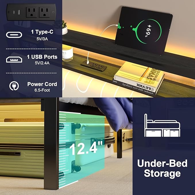 J.Fkne Twin Bed Frames with LED Lights & Charging Station, Metal Platform Frame with Upholstered Headboard, No Box Spring Needed, Noise Free, Easy Assembly