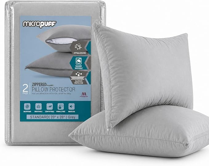 Micropuff Pillow Protectors with Zipper Standard Size Gray- Premium Brushed Microfiber Pillow Covers, Hypoallergenic Pillowcases with Zipper (2 Pack, Standard 20x26)