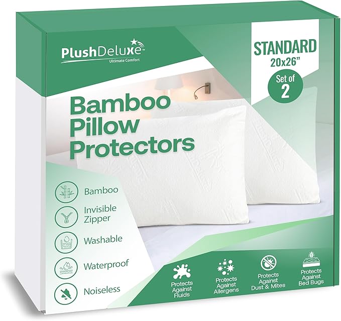 Premium Standard 20''x 26'' Waterproof Pillow Protector Covers - Zippered Pillowcase, Set of 2 Standard Size