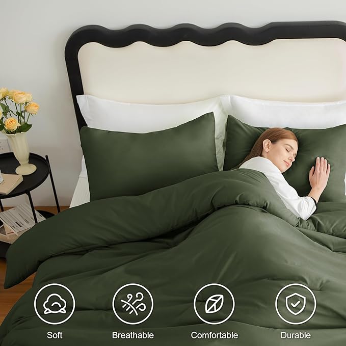 CozyLux Twin Comforter Set Olive Green, 2 Pieces Twin Extra Long Solid Breathable Bedding Sets College Dorm, Twin XL Luxury Soft Bed Set with Down Alternative Comforter and 1 Pillowcase All Seasons
