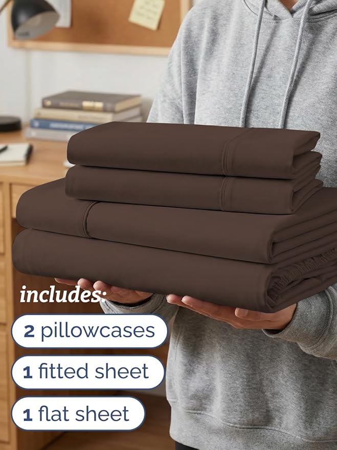Twin XL 4 Piece Sheet Set - Comfy, Breathable & Cooling - Hotel Luxury Bedding for Women, Men, Kids, Teens and Children - 1 Flat & 1 Fitted Sheet & 2 Pillowcases w/ Deep Pockets - Wrinkle Free - Brown