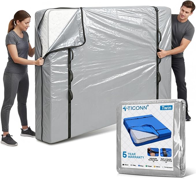 TICONN Mattress Bags for Moving, Heavy Duty Twin Mattress Cover Storage Bag with Full-Around Handle and Adjustable Buckles (Gray, Twin)