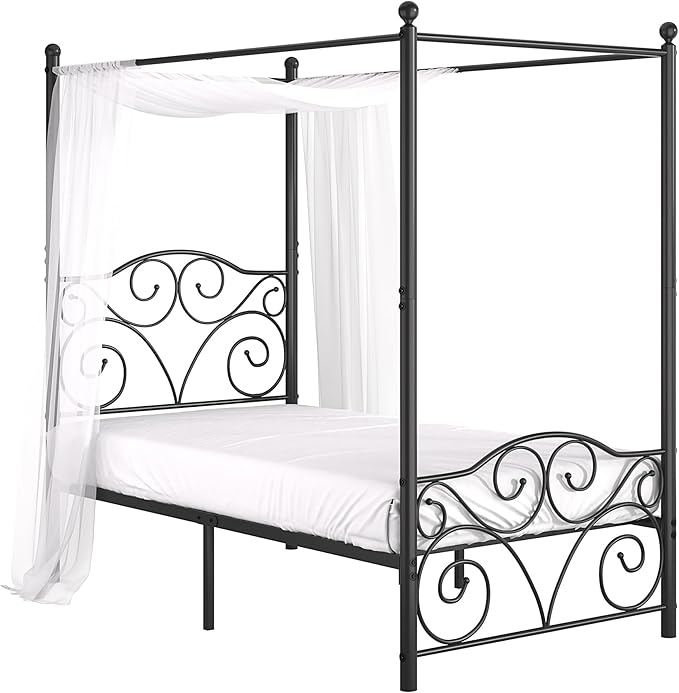 VECELO Metal Canopy Bed Frame Twin Size, 4 Posters Platform Mattress Foundation with Headboard, Heavy Duty Steel Slats Support, No Box Spring Needed, Black