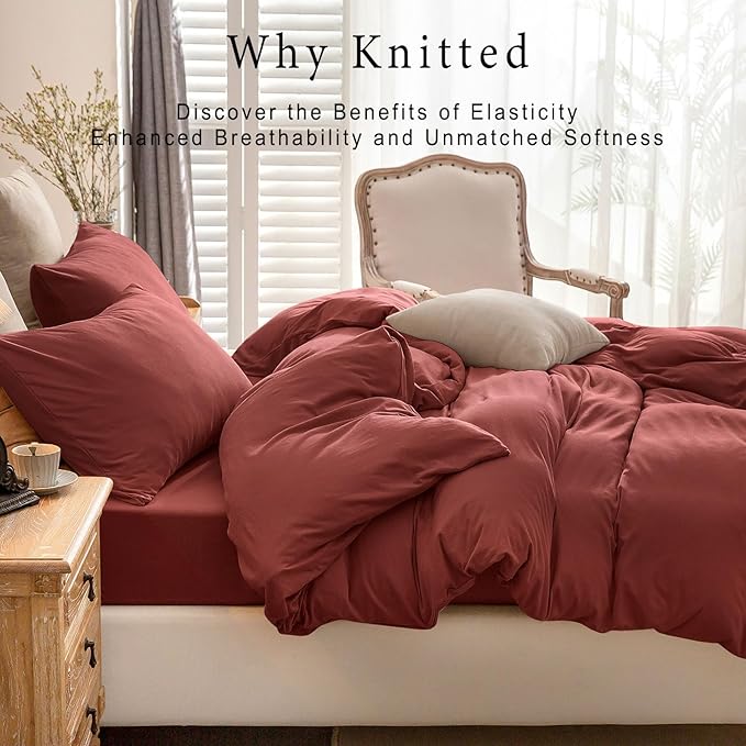 PURE ERA Jersey Knit Duvet Cover Set 100% T-Shirt Cotton Super Soft Comfy 3pc Bedding Set with Zipper Closure (Solid Brick Red, King, 104'' x 90'')
