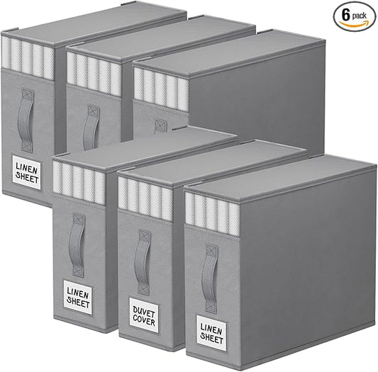 StorageTastic 6 Pack Bed Sheet Closet Organizers and Storage,Sturdy Foldable Storage Containers with Window and Label,Storage and Organization for Bedding Sheets,Duvet Covers,Blankets (Grey)