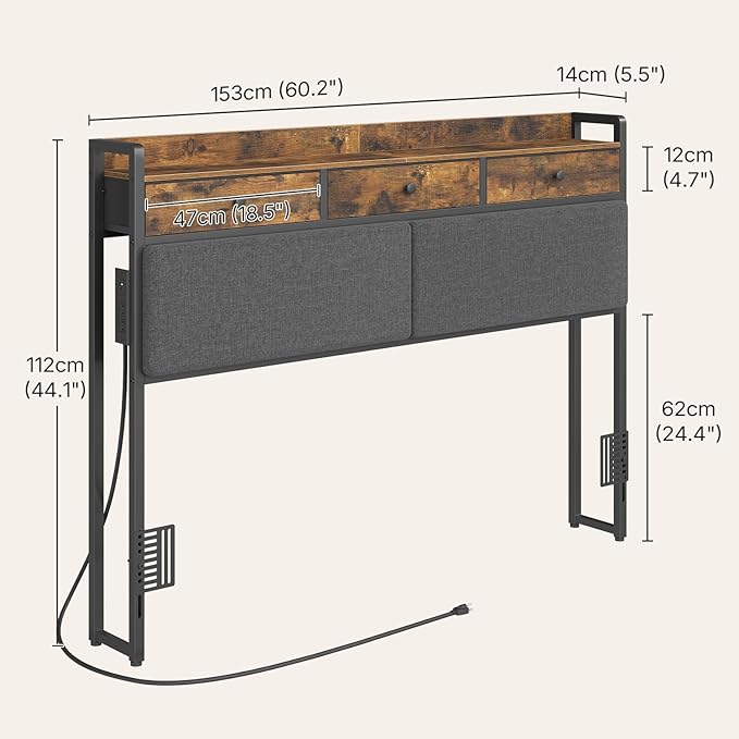 YATINEY Queen Size Headboard Only with Storage and Non-Woven Fabric Drawers, Head Board Queen Size with Charging Station, Height Adjustable, for Bedroom, Rustic Brown and Black