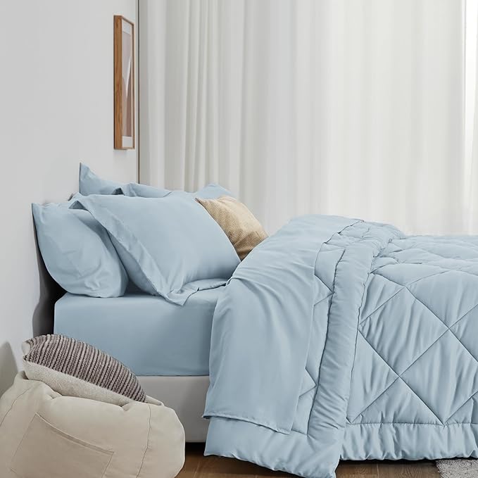 Love's cabin California King Comforter Set Light Blue, 7 Pieces California King Bed in a Bag, All Season Bedding Sets with 1 Comforter, 1 Flat Sheet, 1 Fitted Sheet, 2 Pillowcase and 2 Pillow Sham | Soft, Breathable, Lightweight, Comfortable
