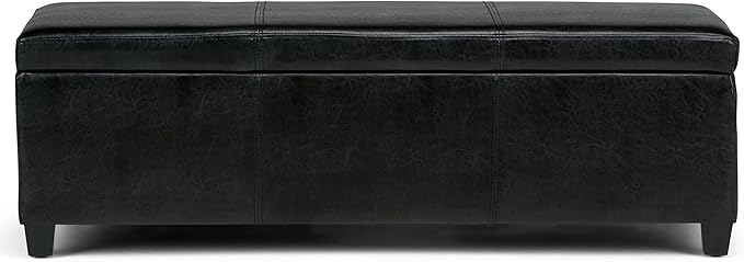 SIMPLIHOME Avalon Storage Ottoman Bench - 48" Wide x 16" High Upholstered Vegan Leather Rectangular Lift-Top Ottoman in Midnight Black, Contemporary Bench for Living Room with High-Density Foam