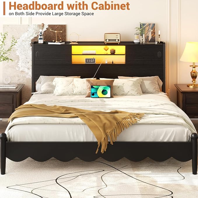 Homieasy King Storage Headboard with Sliding Doors, Bookcase Headboard with Charging Station & Smart LED Light, Headboard Only for King Bed, Wood Headboards with Bookshelf