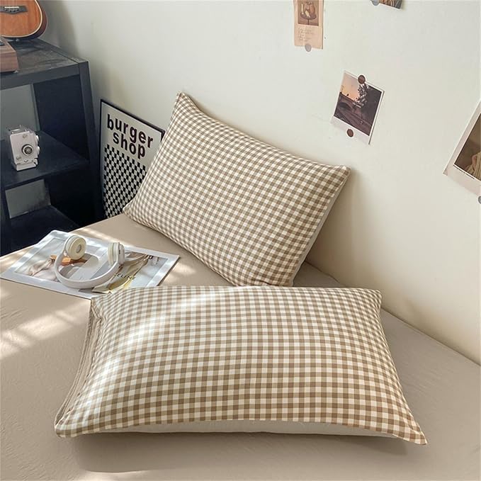 Nayoroom Gingham Duvet Cover King Size Brown Tan Plaid Checkered Comforter Cover 3 Pieces Soft Lightweight Washed Microfiber Farmhouse Grid Dorm Bedding Set with Pillowcases