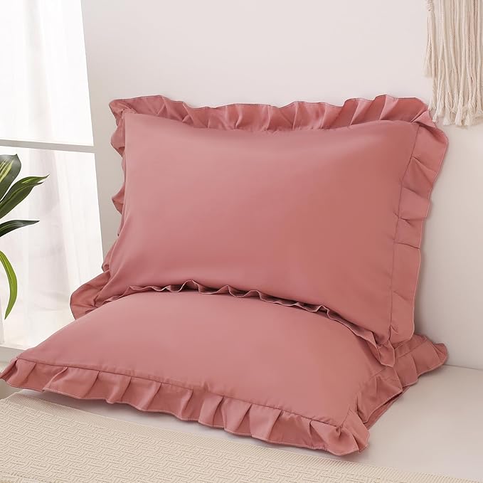 Pink Mocha Pillow Shams Cute Ruffle Queen Pillowcases Solid Pillow Cover Set of 2 Shabby Chic Soft Pink Pillowcases 2 Pack (Queen (20''x30''), Pink Mochae)