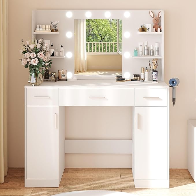 DUMOS Vanity Desk Makeup with Mirror LED Lights, Table with Power Outlet 3 Drawer, 4 Storage Shelves & 2 Cabinets, 3 Lighting Modes & Adjustable Brightness, Dressing Tables for Bedroom, White