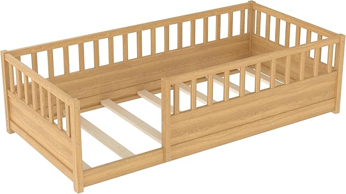 Bellemave Twin Floor Bed with high Fence, Solid Pine Wood Montessori Bed for Kids Girls Boys Floor Bed Frame,Natural with slats