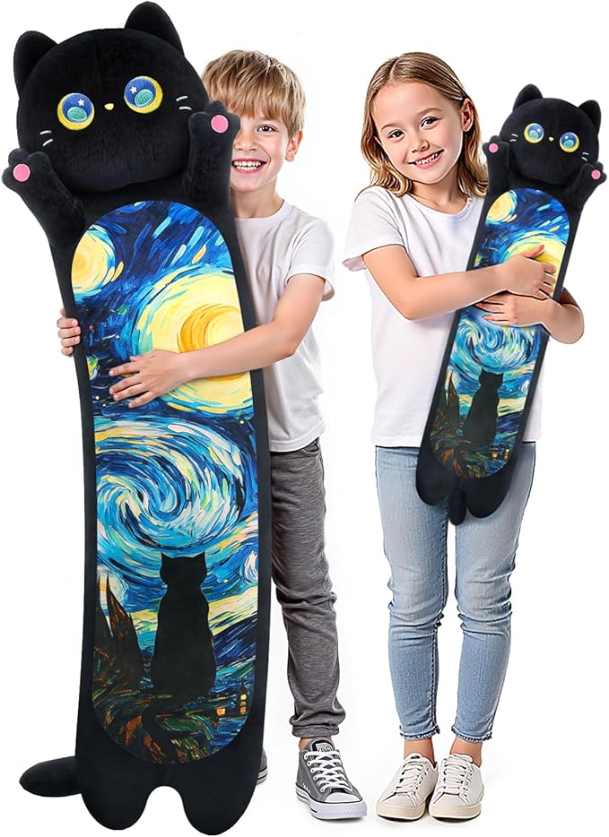 Mewaii Long Cat Plush 5 Sizes, 120% Extra Filling Giant Plushness Kids Body Pillow, Kawaii Cute Black Starry Cat Stuffed Animals Plushies, Big Long Body Pillow Plush Gift for Girls 53”