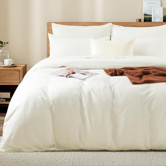 NEXHOME PRO King Duvet Cover Set, 100% Washed Cotton with Linen-Like Texture, Natural Organic, Breathable & Comfortable, Includes Home Bedding Set Milk White (No Comforter) 10490