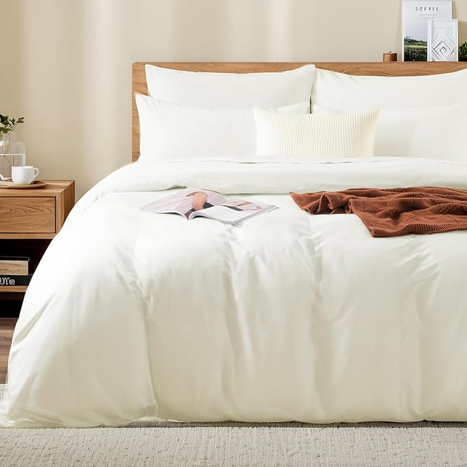 NEXHOME PRO Queen Duvet Cover Set, 100% Washed Cotton with Linen-Like Texture, Natural Organic, Breathable & Comfortable, Includes Home Bedding Set Milk White (No Comforter) 9090