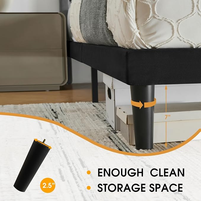 Full Bed Frame Upholstered Platform,Full Size Bed Frame with Velvet Headboard,Non-Slip and Noise-Free/Wooden Slats Support/No Box Spring Needed/Easy Assembly/Mattress Foundation Black (Black, Full)