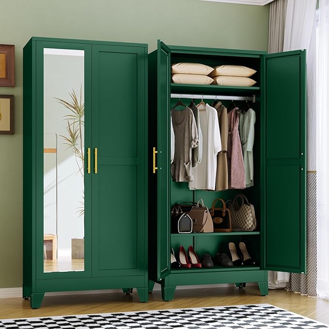 RIETERN Metal Armoire Wardrobe Closet, 71" Tall Bedroom Closet with Mirror, Adjustable Shelves, and Hanging Rod, Steel Clothes Closets and Storage, for Bedroom Green
