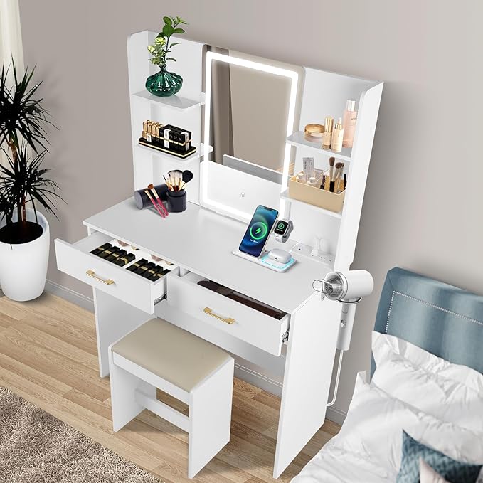 QUALIKRAFT Lighted Makeup Vanity Desk with Power Outlet & Stool, White Dressing Table with LED Mirror, with Drawers, 6 Shelves for Bedroom Organization, Gift for Women