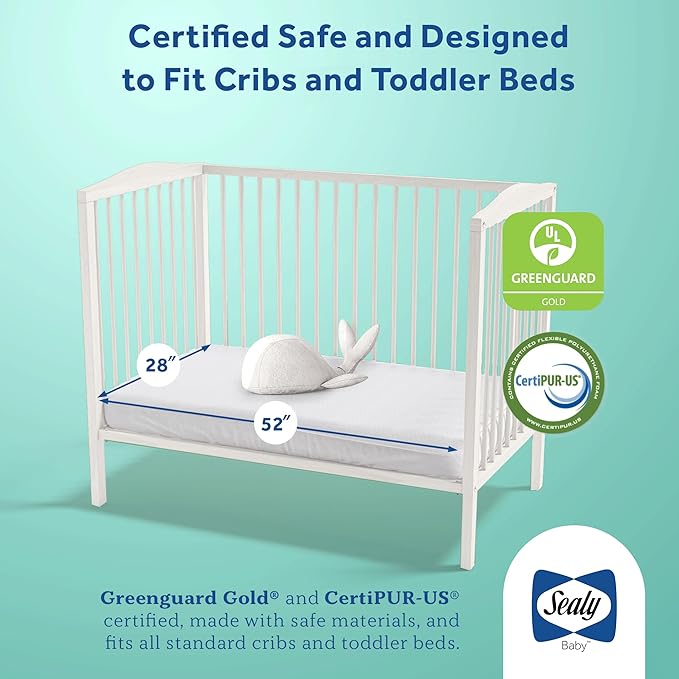Sealy Baby Butterfly Antibacterial 2 Stage Waterproof Crib Mattress Plus Toddler Bed Fit, Ultra Firm Orthopedic Foam, GREENGUARD Gold Certified, Safety & Quality Tested, Made in USA, 52"X28"