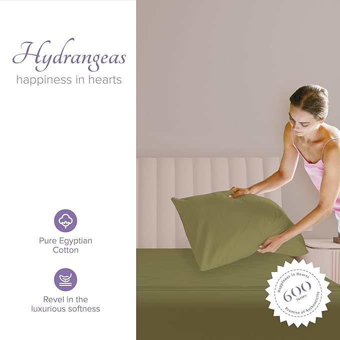 Carressa Linen 100% Egyptian Cotton Pillow Cases Queen Size Set of 2 - Luxury 600 Series Hydrangeas Collection Queen Size Pillowcases (Sage Green), Cooling Sateen Weave Hotel Quality Bed Pillow Cover
