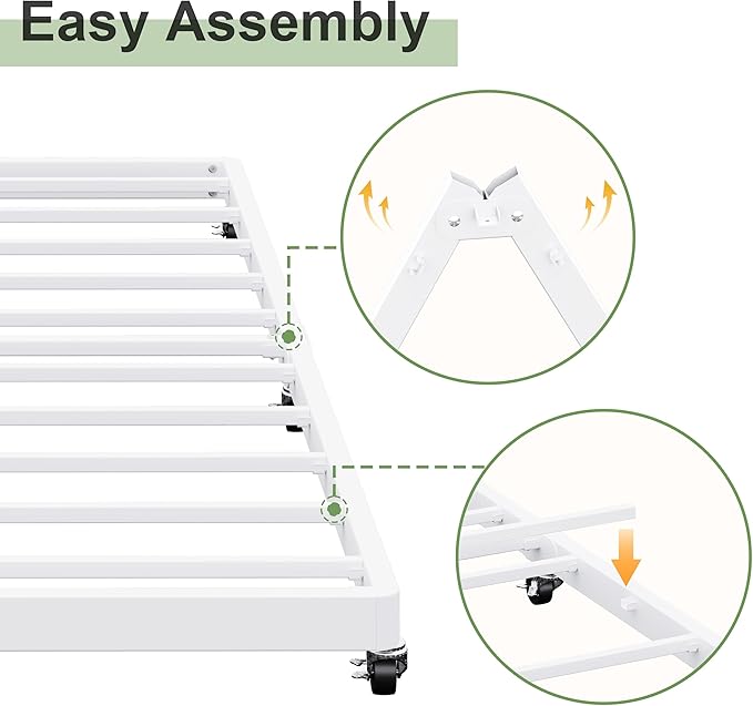 Lutown-Teen Twin Trundle Bed Frame with Metal Slats, Roll-Out Design, Easy Assembly Steel Frame with Lockable Wheels, Noiseless Pull Out Bed for Bedroom, Living Room or Guest Room, White