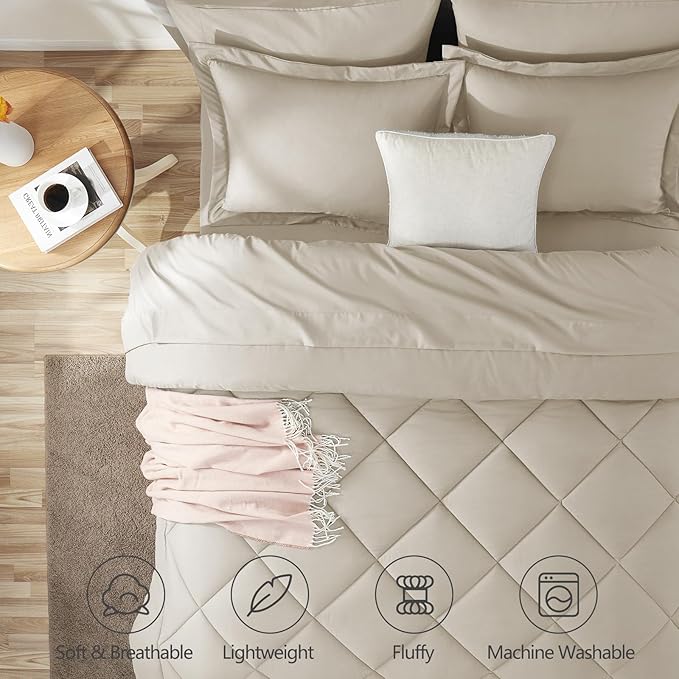 CozyLux Queen Comforter Set Oatmeal - Bed in a Bag Queen Size 7 Pieces, Luxury Soft Bed Set for All Seasons, Bedding Set with Down Alternative Comforter, Sheets, Pillowcases & Shams