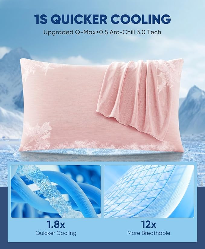 LUXEAR 2 Pack Cooling Pillow Cases for Hot Sleepers Queen Size, Arc-Chill Q-Max > 0.5, Hair & Skin Friendly, Double-Sided, Machine Washable, Hidden Zipper, Gift for Women & Men,Pink