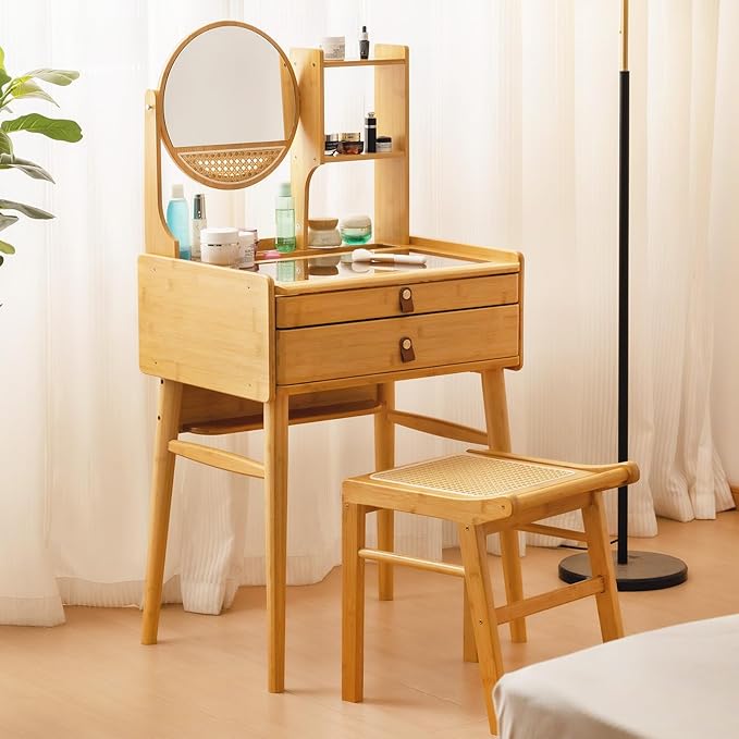 Tiita Vanity Desk, Makeup Vanity Table with Mirror, Dressing Table with 2 Drawers,Modern Wood Bedroom Vanity Vintage Dressing Table for Women Girls, Wood