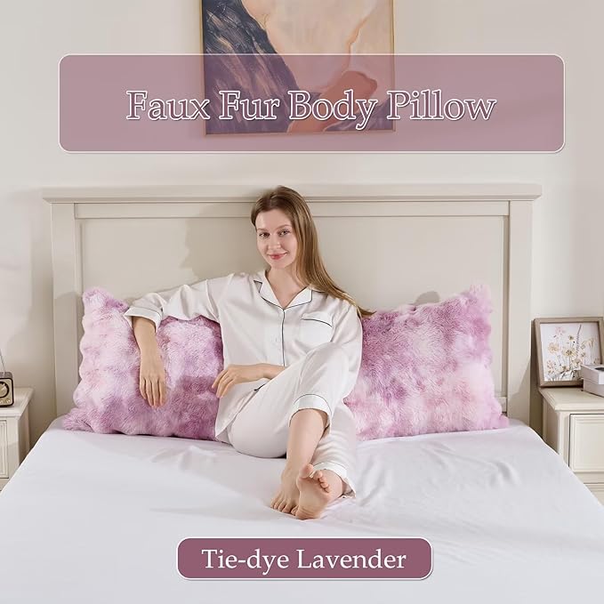 Luxury Shaggy Faux Fur Body Pillow,Fluffy Bed Pillow with Zipper Closure,Soft Decorative Plush Full Long Pillows,Fuzzy Hug Pillow for Living Room Side Sleeper & Pregnancy 20"x54" Tie-dye Lavender