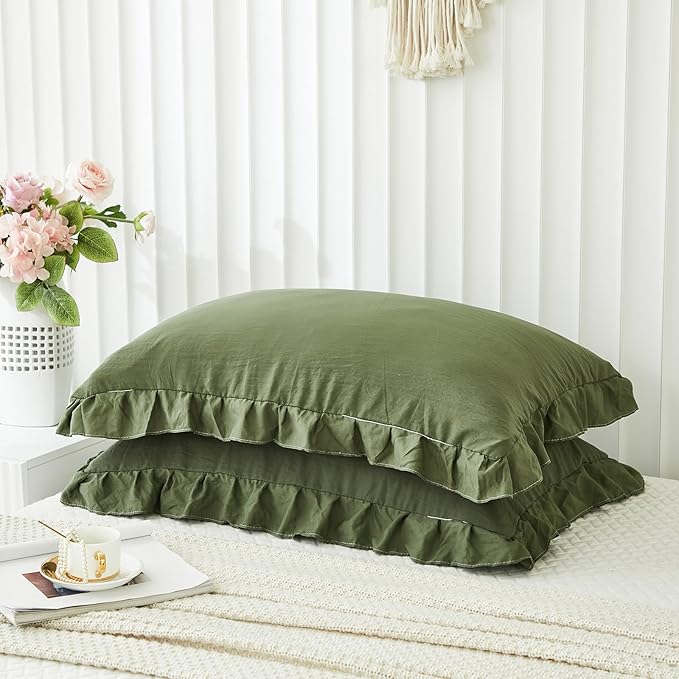 Olive Green Pillow Shams Dark Green Ruffle Queen Pillowcases Cute Pillow Cover Set of 2 Shabby Chic Soft Microfiber Pillowcases 2 Pack (Queen (20''x30''), Olive Green)