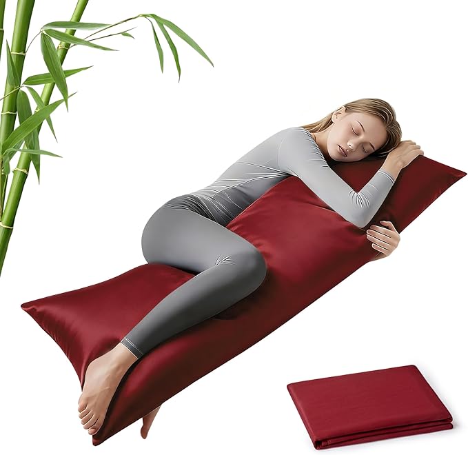 MR&HM Cooling Body Pillow Case 20"x54", Body Pillow Cover for Hot Sleepers, Breathable & Moisture Wicking, Soft Envelope Long Pillowcase, Rayon Derived from Bamboo & Polyester Blend, Burgundy