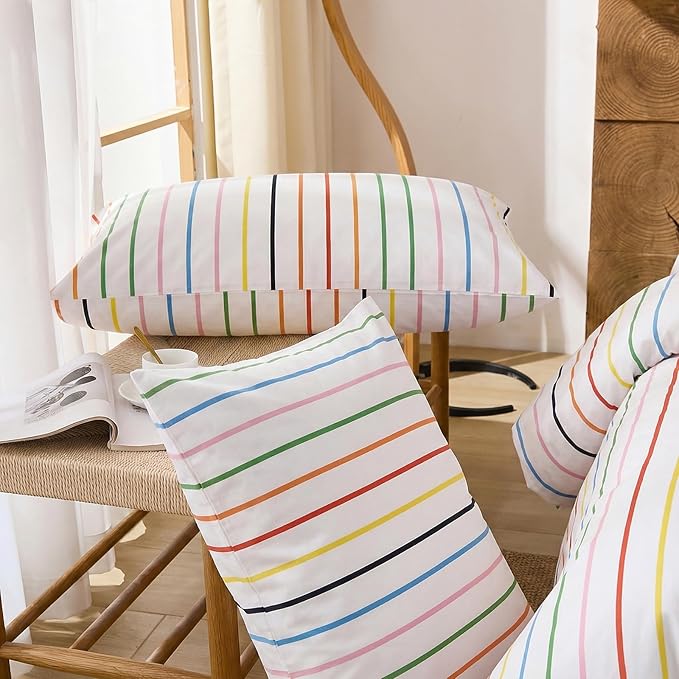 Merryword Queen Size Pillowcases, 100% Cotton Pillow Cases, Rainbow Striped Pillowcases, Luxury Linen Like Pillowcase, Soft Breathable Pinstripe Pillow Covers, Set of 2