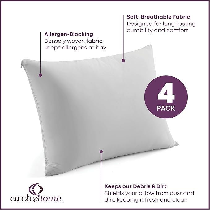 CirclesHome Pillow Protectors 4 Pack Standard Zippered - 100% Cotton Breathable Pillowcases - Protects Pillows from Dirt, Dust and Debris (Standard - Set of 4 - 20x26)