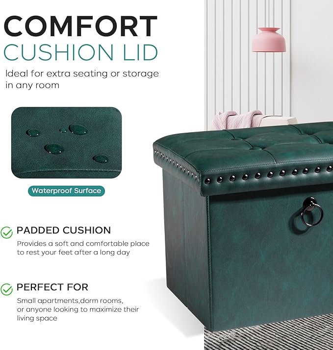 oakvivo Small 16 x 12 x12 Inches Folding Storage Ottoman, Faux Leather Foot Rest Stool with Rivet Design, Ottoman with Storage Vanity Stool Coffee Table for Living Room, Bedroom, Load 242 lbs, Green