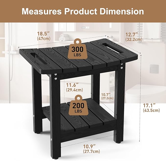HIPS Shower Benches for Inside Shower, Shower Stool with Space-Efficient Storage Shelf, Waterproof Shower Chair Seat for Spa Bathroom(Black)