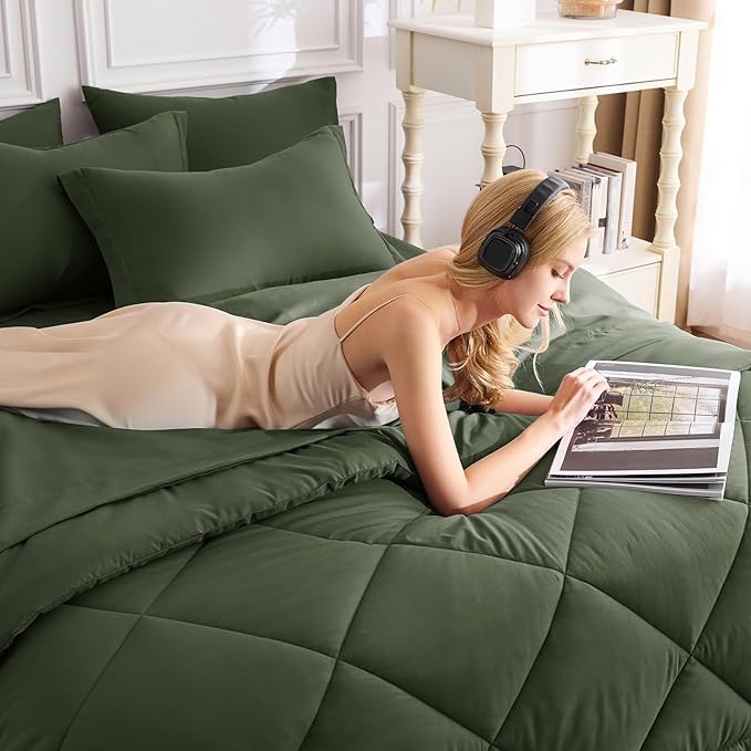 CozyLux Twin XL Comforter Set Dark Green - 5 Pieces Twin Extra Long Bed in a Bag for College Dorm, All Season Bedding Set for Girls and Boys, Soft Bed Set with Comforter, Sheets, Pillowcase & Sham