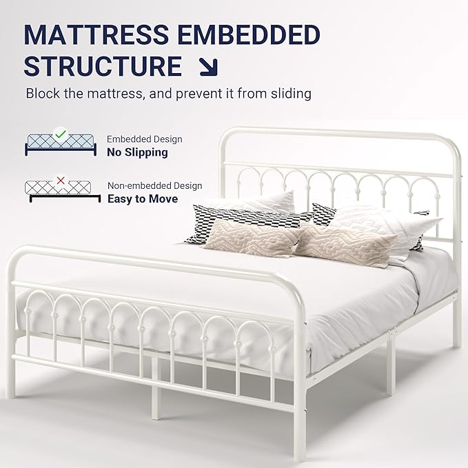 Allewie 14 Inches Queen Size Metal Platform Bed Frame with Victorian Style Curved Iron-Art Headboard/Footboard, Easy Assembly, Under Bed Storage, No Box Spring Required, Cream White
