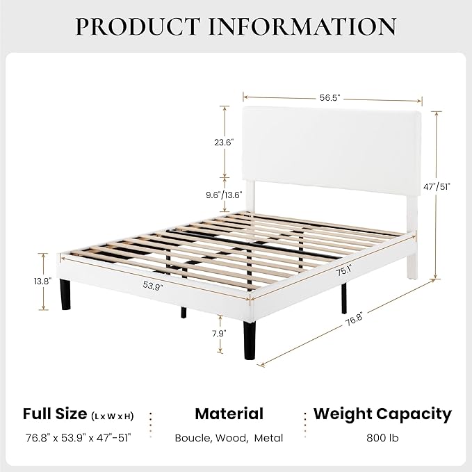 SHA CERLIN Full Size Platform Bed Frame with Adjustable Headboard and Wooden Slats Support, Boucle Upholstered Mattress Foundation, No Box Spring Needed, Easy Assembly, Soft White
