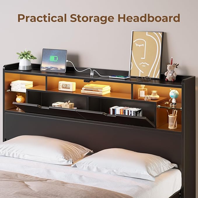 Rolanstar Queen Bed Frame with Headboard, LED Bed with Bookcase Storage and Charging Station, Metal Platform Bed with Glass Shelves, No Box Spring Needed, Noise-Free, Black