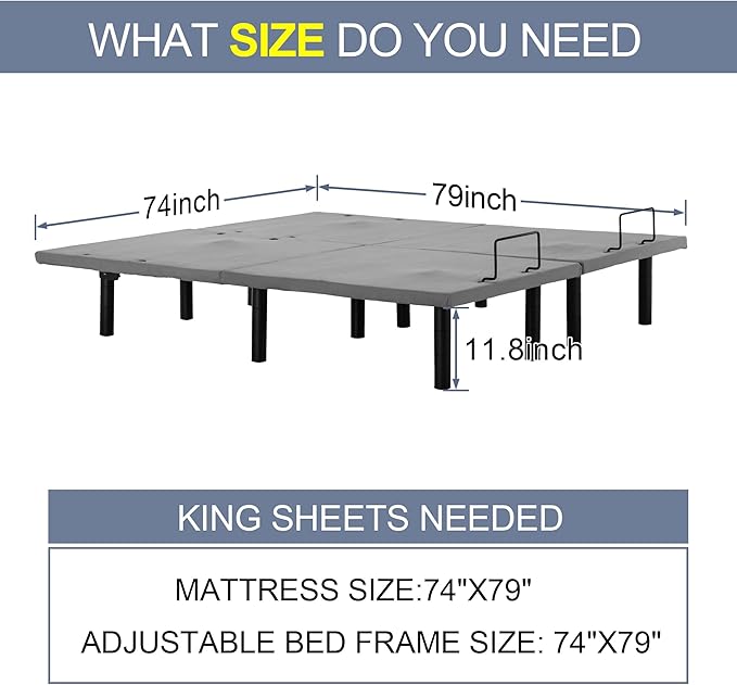 Fromann Adjustable Electric Split King Bed Base Frame with Massage, USB Type-C Ports, Zero Gravity, Under Bed Led Lighting and Three Leg Height (Grey)