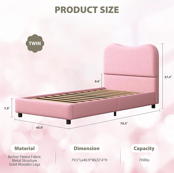 Boucle Twin Bed Frame for Kids with Upholstered Headboard, Low Profile Sturdy Platform Bed with Soft Boucle Fabric for Girls and Boys, Heavy Duty, Wooden Slats, Noise Free, No Box Spring Needed, Pink