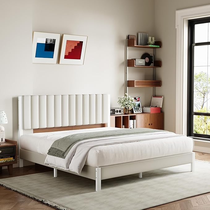 Avenco King Size Bed Frame with Velvet Upholstered Piano Keys Headboard, Metal Bed Frame Platform Design with Metal Slats for Bedroom, White