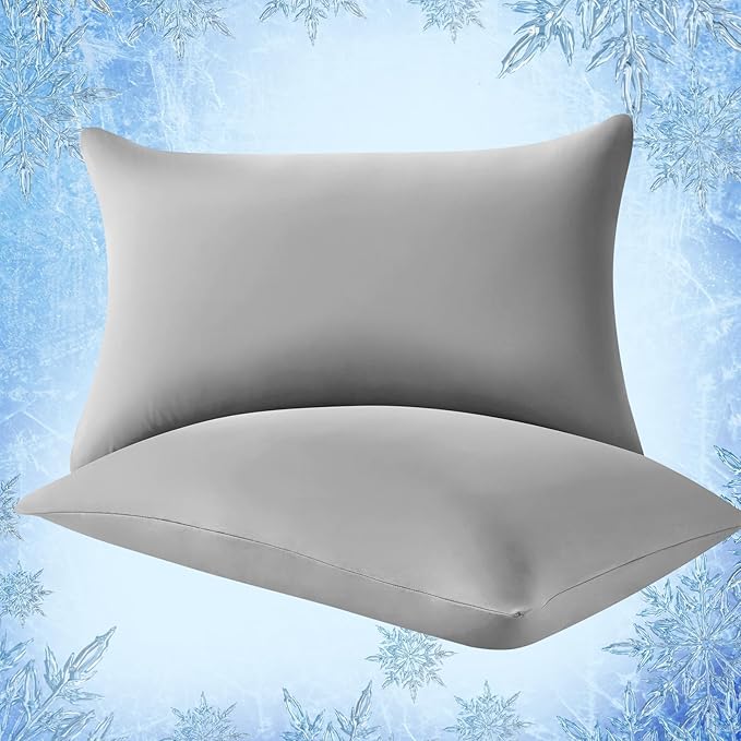 Elegear Cooling Pillow Cases for Hot Sleepers, Japanese Q-Max>0.55 Arc-Chill Cooling Pillowcases, Double Sided Elastic Cooling Pillow Covers with Hidden Zipper Set of 2 - Stretch Grey King (20" x 36")