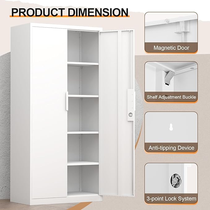 IRONFFICE Metal Locking Cabinet,Metal Storage Cabinet with Doors and Shelves,Tall White Cabinets for Home Office,Garage,Warehouse