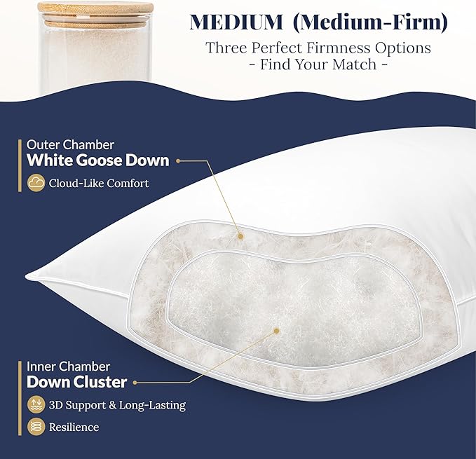White Goose Down Pillow - Luxury Hotel Bed Pillow with 100% Natural 1000+ Fill Power Goose Feather Down Pillow for Sleeping, 700TC Cotton Shell, Queen Size- Medium, 1 Pack